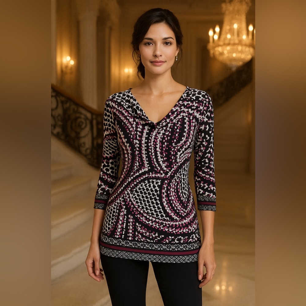 White House Black Market Geometric Swirl Print Tunic Top โ Size S, Cowl Neck